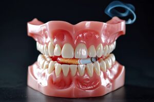 AI generated full set of dentures biting a lit cigarette